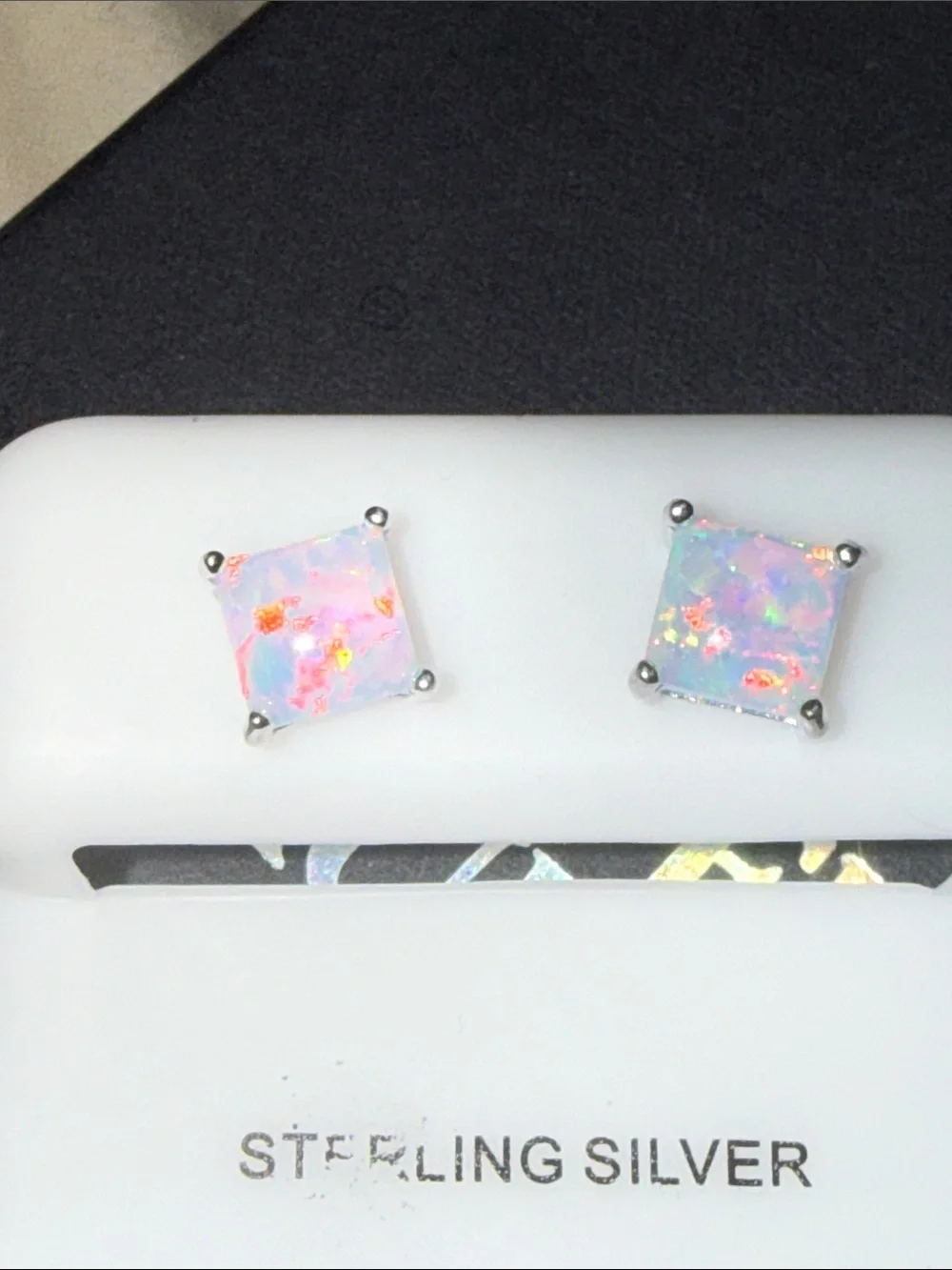 925 Sterling Silver Square White Opal Stud Earrings NEW BEAUTIFUL